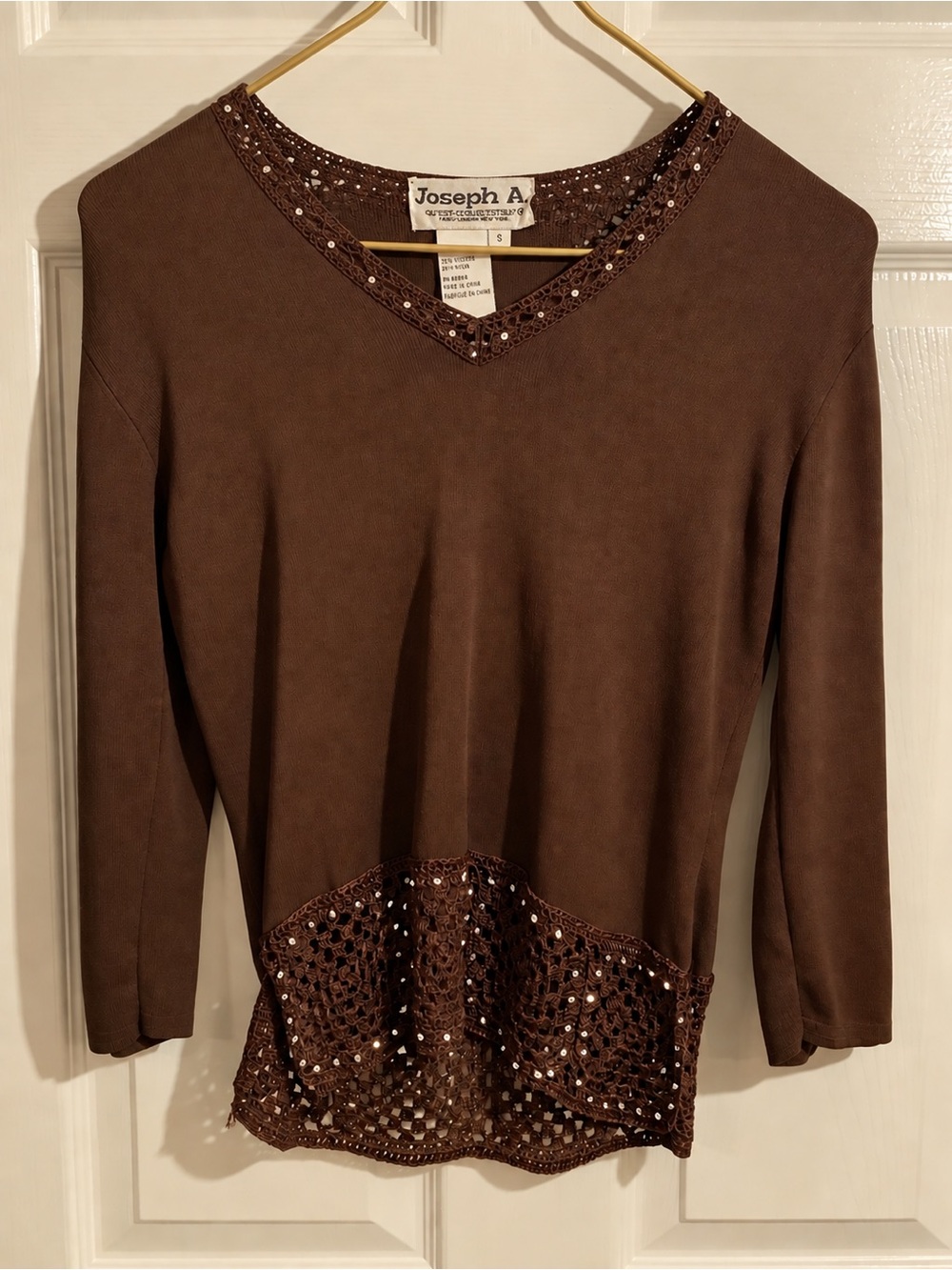 Joseph A.  Women’s Brown Knit Top Sequined Crochet Hem & Neckline Size S